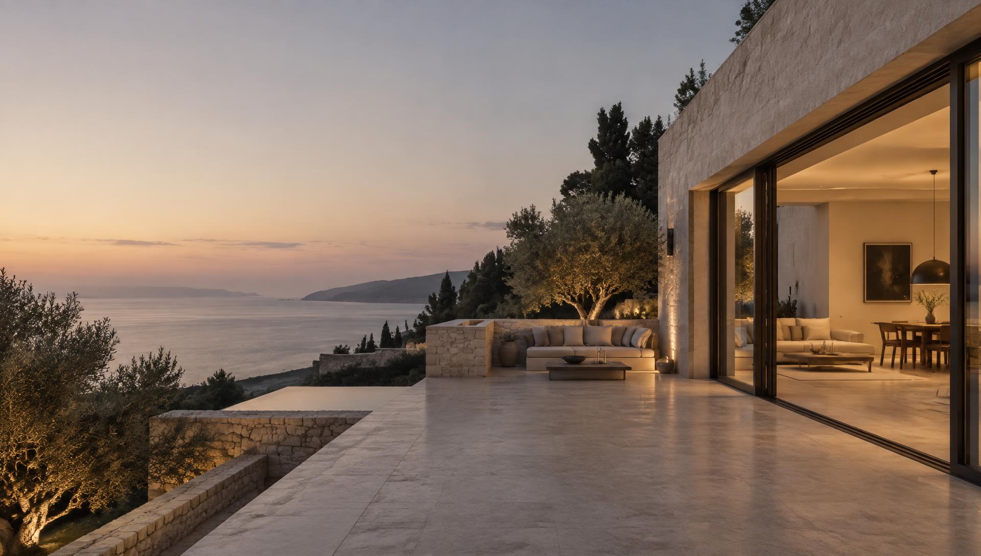 Terraza de una villa mediterránea al atardecer