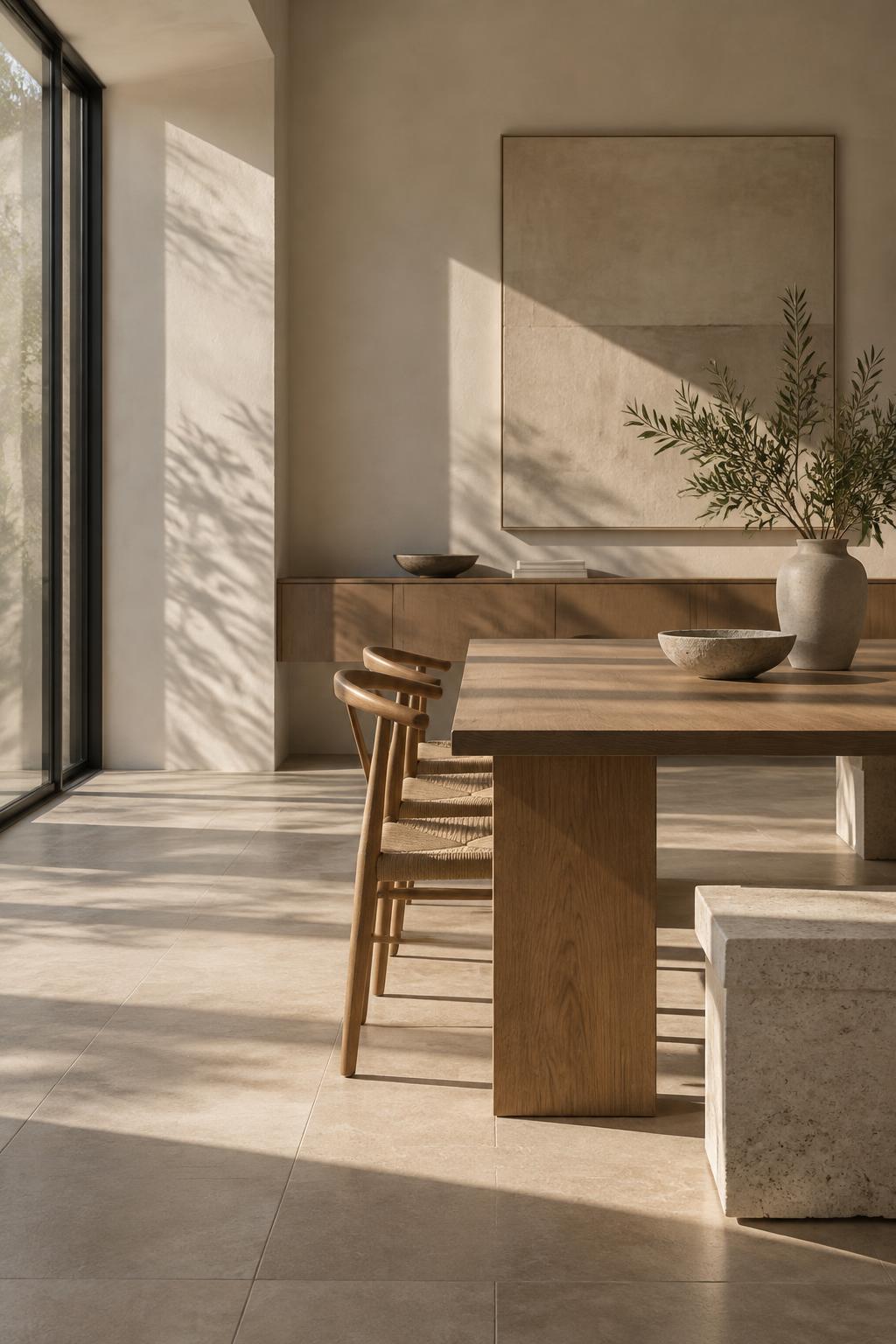 Luz rasante sobre suelo de piedra y mesa de roble
